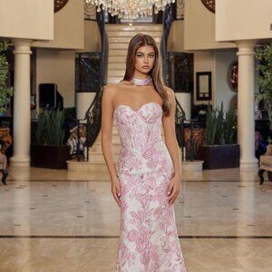 New Pink Graduation Romantic Gown w/ Floral Motif & Matching Choker NX T1922